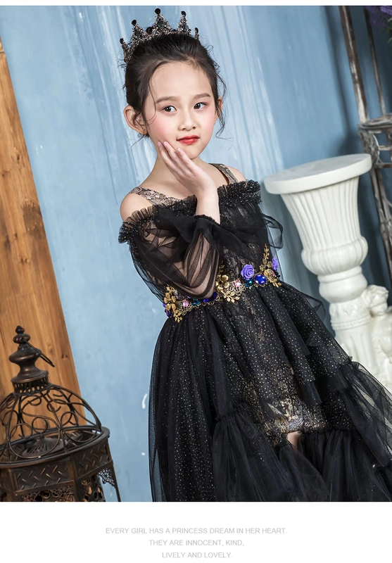 Trẻ em catwalk ăn mặc cô gái quần áo thủy triều trẻ em lớn mô hình cho thấy cô bé màu đen dấu vết trang phục piano cao cấp - Váy trẻ em