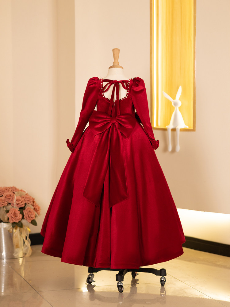 Girls' Dress 2025 New Model Girls' High-End Host Piano Performance Dress Little Girl's Birthday Princess Dress Red Winter