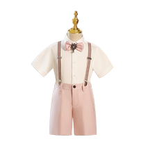 Boys dress 2024 new summer host performance clothes childrens pink suspenders suit pants flower girl piano