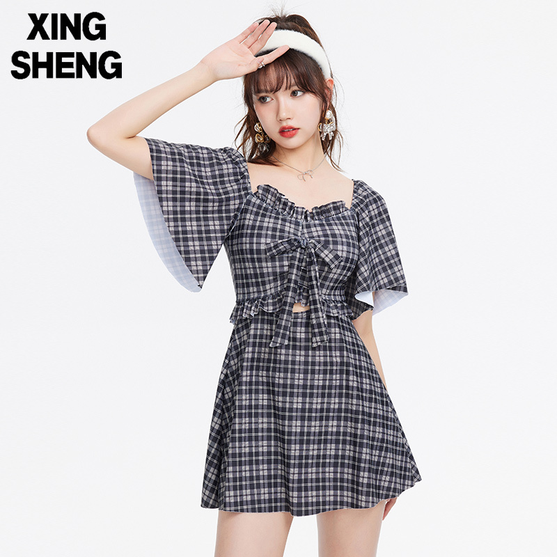Retro Plaid One-Piece Skirt-Style Boxer-Cut 100kg Plus-Size Swimsuit for Fat Women, Hot Spring Women's Tummy-Covering Slimming Swimwear Retro Plaid One-Piece Skirt-Style Boxer-Cut 100kg Plus-Size Swimsuit for Fat Women, Hot Spring Women's Tummy-Covering Slimming Swimwear