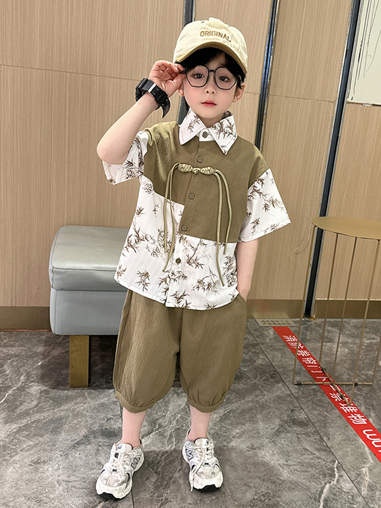 <!--童装男童夏装套装2024新款夏季新中式帅气宝宝衣服儿童国风汉服潮-->