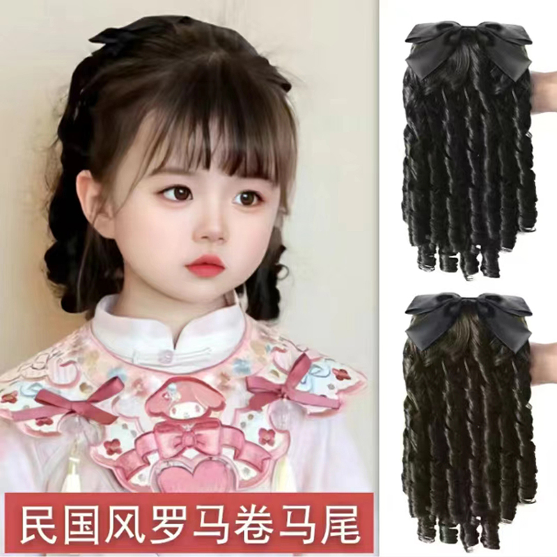 New Style Girl's Bow Wig Chinese Style Children's 22cm New Year Princess Curly Hair Bow Wig Headwear New Style Girl's Bow Wig Chinese Style Children's 22cm New Year Princess Curly Hair Bow Wig Headwear