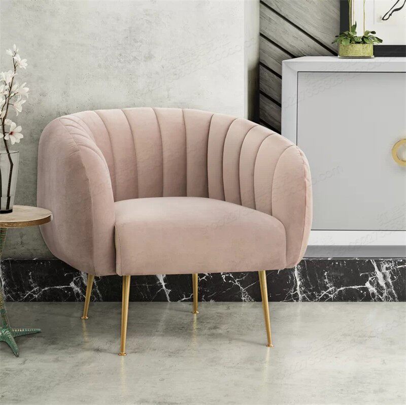 Modern Back Fabric Single Sofa Chair Metal Leg Dining Chair Tiger Chair Living Room Cafe Velvet Cloth Pink Sofa