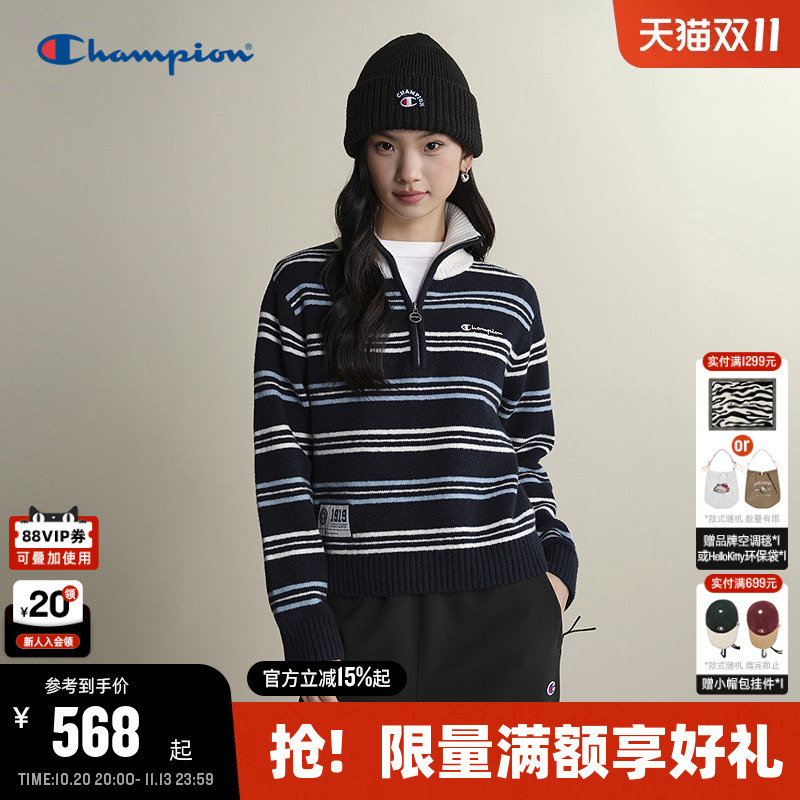 Champion Women's Knitted Pullover 2026 Autumn New American Retro Striped Sweater with a Trendy Turn-Down Collar