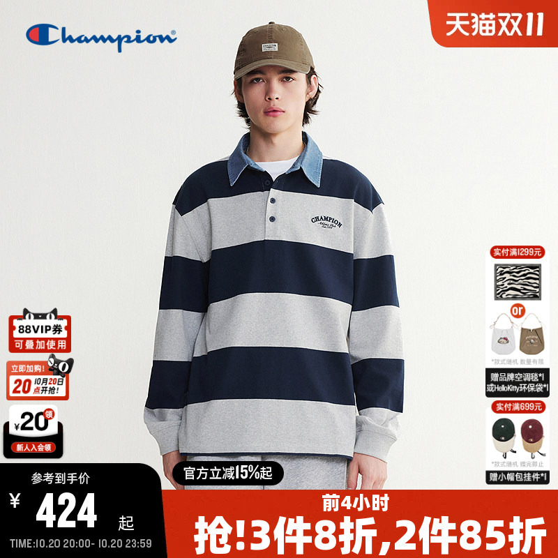Champion Long-Sleeved Polo Shirt for Men 26 Autumn New Style Lapel Striped T-Shirt for Women American Retro Couple
