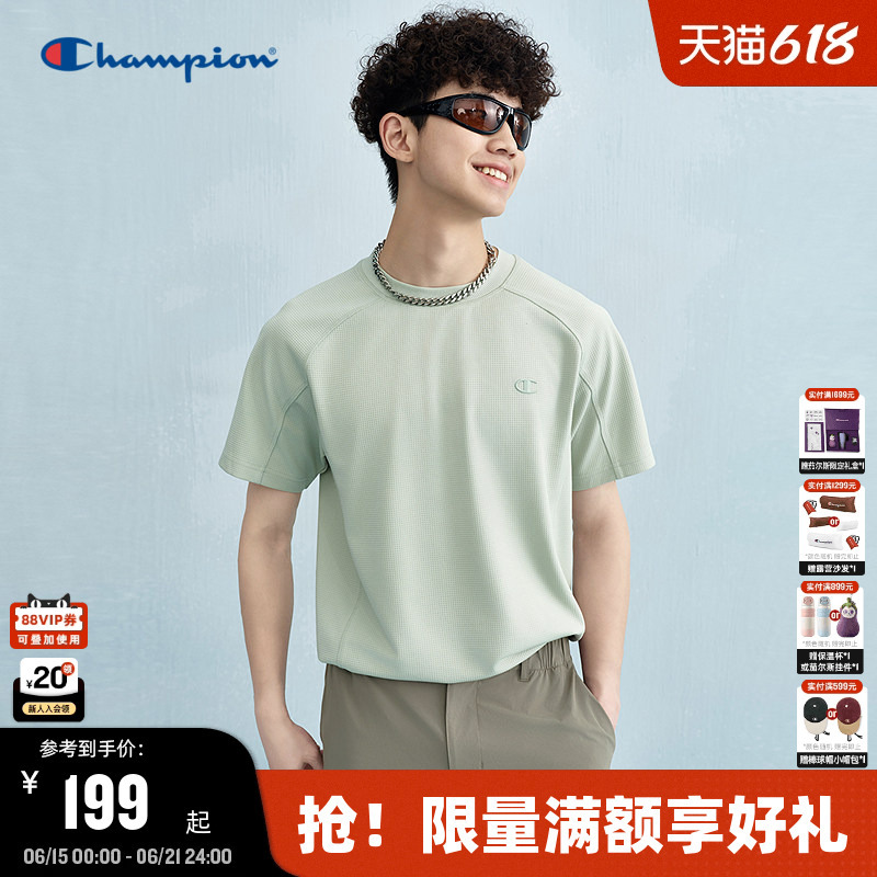 Champion Waffle Short-Sleeve T-Shirt for Men, New Summer American Style Raglan Sleeve T-Shirt with Round Neck and Embroidery