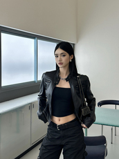 Кожаная куртка milu美式复古经典黑色酷女孩袖口拉链式立领修身机车皮衣女外套
