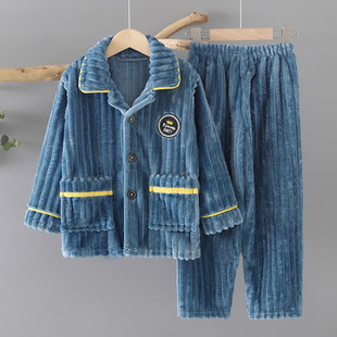 Autumn and winter children's flannel pajamas for boys and girls plus velvet thickened baby home clothes for winter boy coral velvet