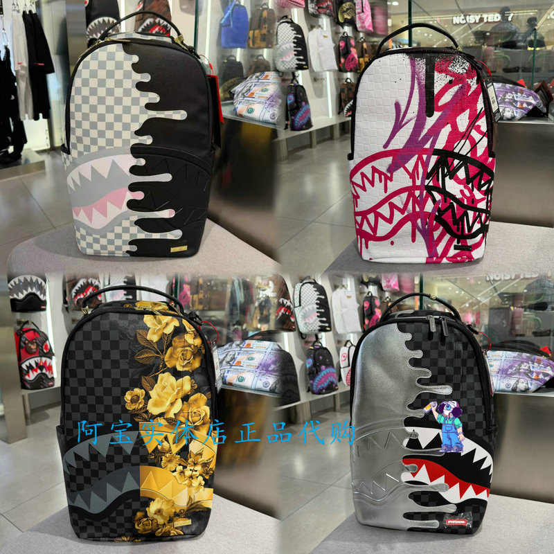 Sprayground Shark Mouth New Checkerboard Pattern Graffiti Trendy Personalized Backpack Student Backpack