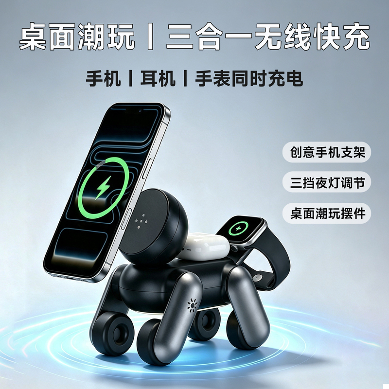 Three-In-One Wireless Charger, Multifunctional 15W Fast Charging, Magnetic Magsafe, Robot Dog Ornament, Suitable for Apple iPhone 17 Desktop Dock, Earphones, Apple Watch Stand, Foldable Three-In-One Wireless Charger, Multifunctional 15W Fast Charging, Magnetic Magsafe, Robot Dog Ornament, Suitable for Apple iPhone 17 Desktop Dock, Earphones, Apple Watch Stand, Foldable