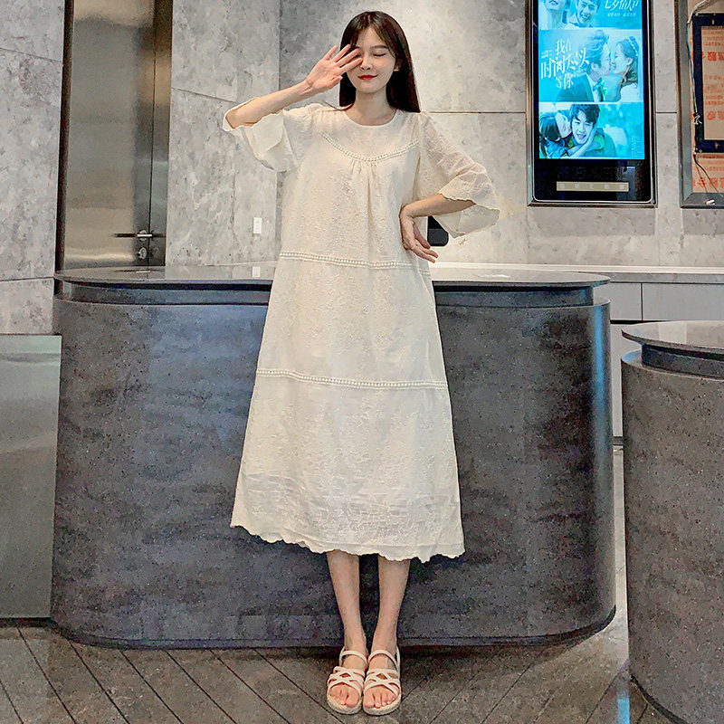 Pregnant woman Xia Fashion foreign dress Long version of lace pure cotton polenta Fashion Nets Red Minus-age loose Slim Dress Tide