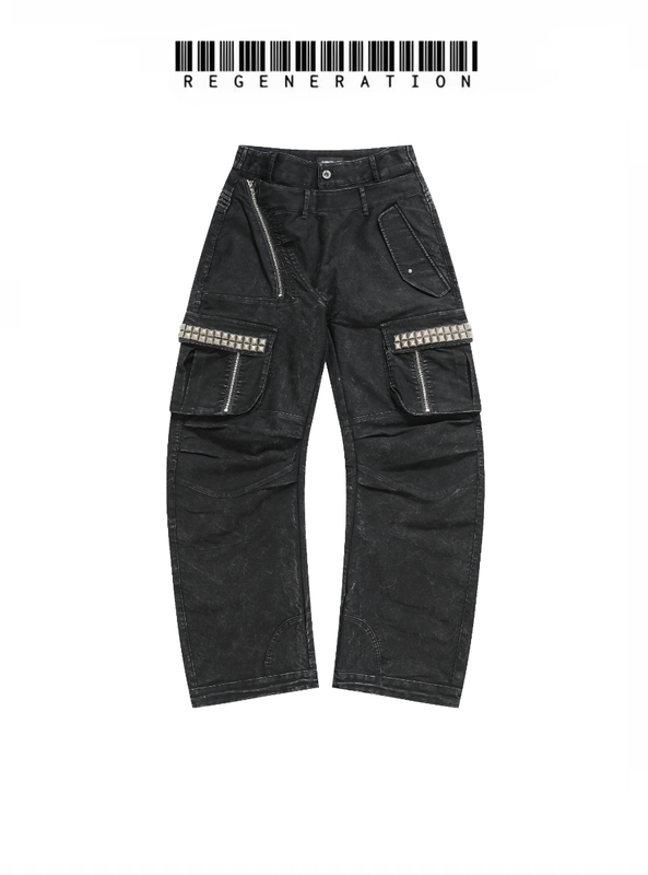 Regen Zone 26Ss Marten Leather Double Waist Zipper Patchwork Rivet Washed Work Pants Regen Zone 26Ss Marten Leather Double Waist Zipper Patchwork Rivet Washed Work Pants