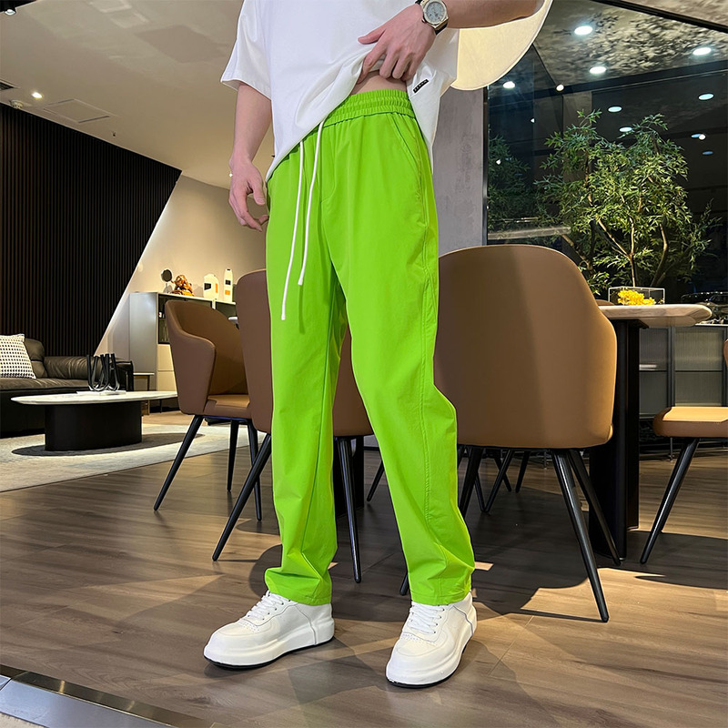 2026 Summer Thin Elastic Quick-Drying Straight-Leg Pants for Men, Colorful Green Trendy Fashion High-End Ice Silk Pants