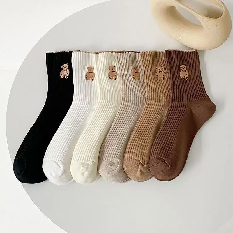 Cute Bear Socks for Women, Mid-Calf, Japanese Style, Trendy Korean Spring and Autumn Models, Summer Slouch Socks, Autumn and Winter Teddy Bear Long Socks