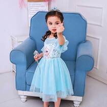 Ice and snow short sleeve blue princess dress Girls Aisha dress Childrens spring and summer love yarn performance suit puffy yarn