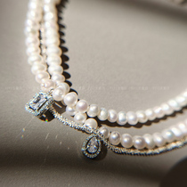 Light luxury niche Korean design freshwater pearl short necklace silver commuter OL zircon water drop square diamond neck chain
