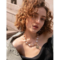 (Spring and Summer)Natural Baroque Pearl Roman Head Pendant Necklace Copper gold Plated Necklace Shirt dress tie