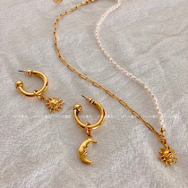 (Outer single)Xtreme vintage Sun moon stars stud earrings Natural pearl necklace Gold plated necklace