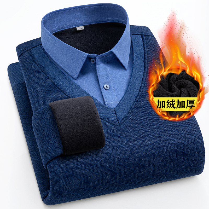 Paul Men's Thermal Shirt, Faux Two-Piece Wool Fleece Knit Sweater, Thickened Shirt with Collar, Base Layer Shirt, Integrated Fleece for Men