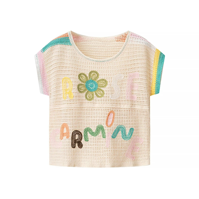 Xiaomaigia & Clearance Sale Colorful Embroidered Letter Knit Sweater Women's Short Sleeve Hollow Out Versatile Slimming Top