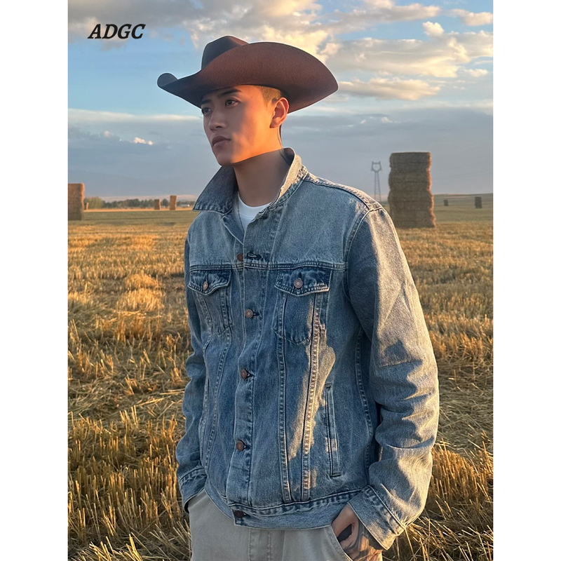 Adgc Retro American Workwear Denim Jacket Men's Classic Washed Denim Lapel Casual Jacket Autum