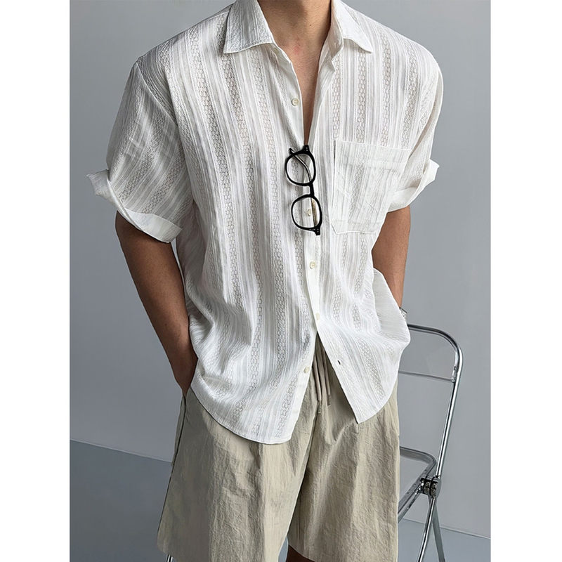Old Money Style Hollow Mesh White Short-Sleeved Shirt for Men, Summer Lightweight Breathable Versatile Relaxed Casual Shirt