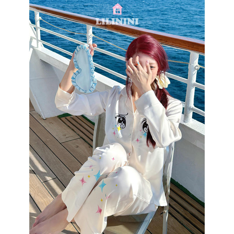 Lilinini Star Comic Eye Original Cute Print Satin Long Sleeve Homewear Pajama Set for Women
