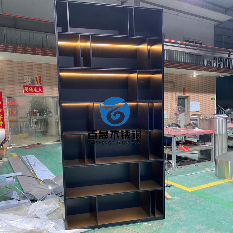 Stainless steel cabinet Customized embedded wire drawing black titanium TV background cabinet 304 metal wall niche light and luxurious decoration cabinet