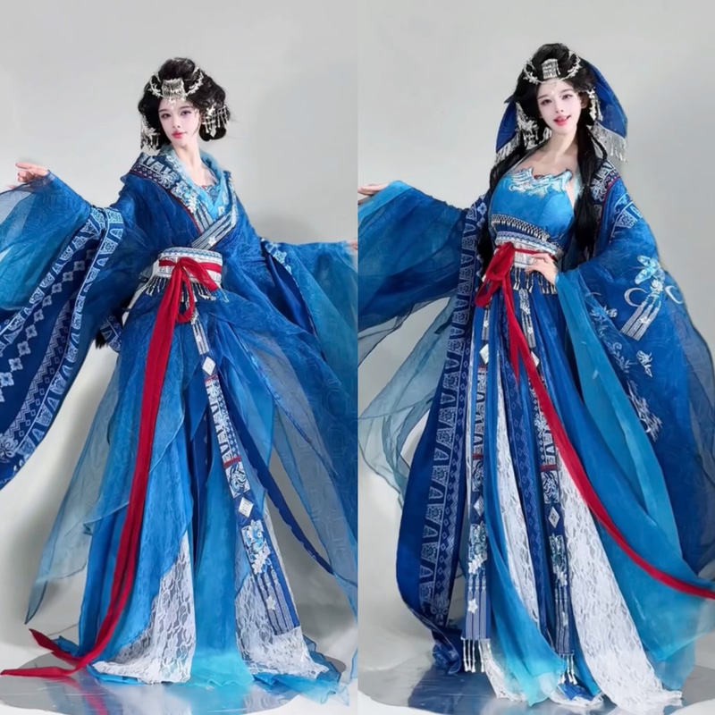 【Blue Dye】2025 Original Han Elements Waist-Length Warring States Robe with Unique Hem and Large Sleeves