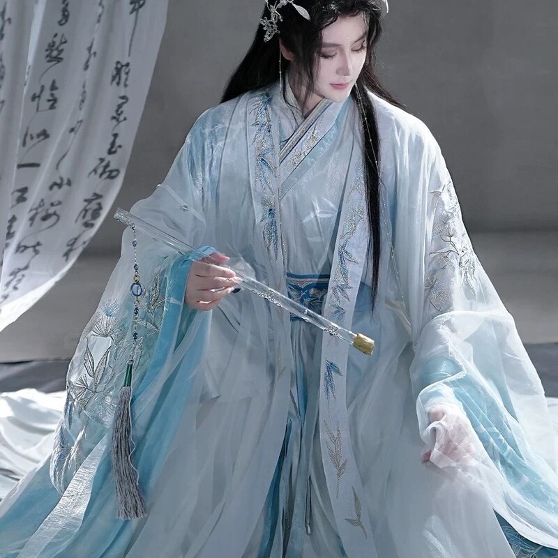 Yao Yue Hanfu【Three Friends in Winter】Blue Large-Sleeved, Flowing Cross-Collar Han-Style Modern Hanfu, Improved Male Hanfu in Wei and Jin Dynasty Style