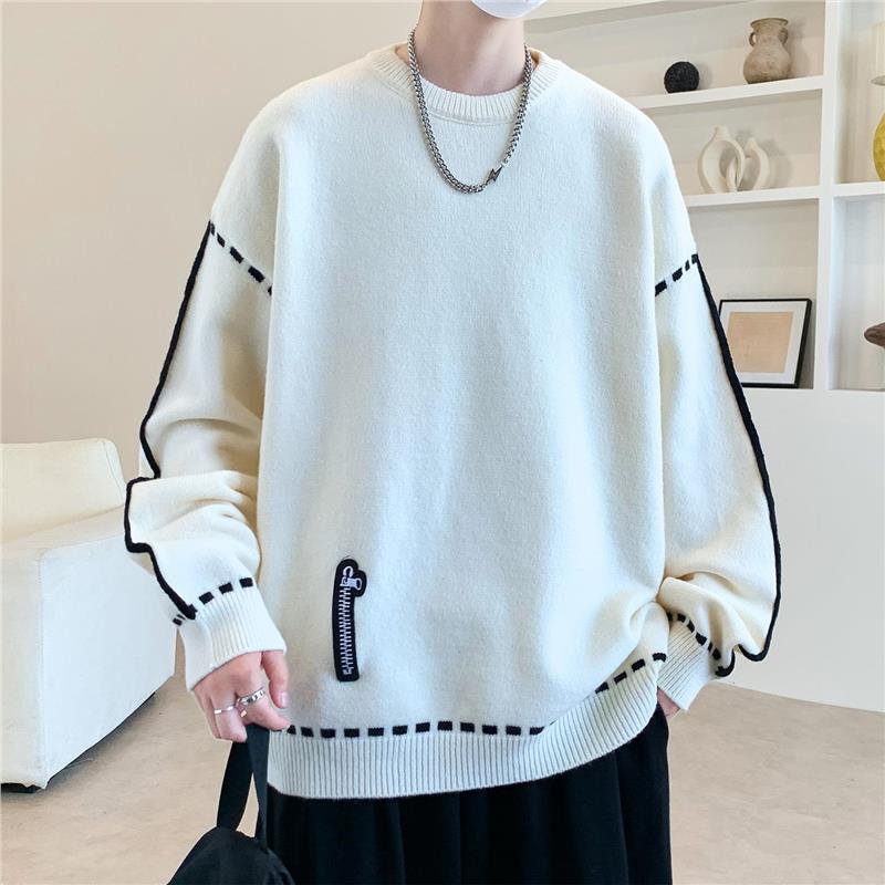 Round Neck Sweater for Men, Autumn and Winter, College Style Knitwear, Loose Fit, Color-Blocking Sweater, Youth Knitwear