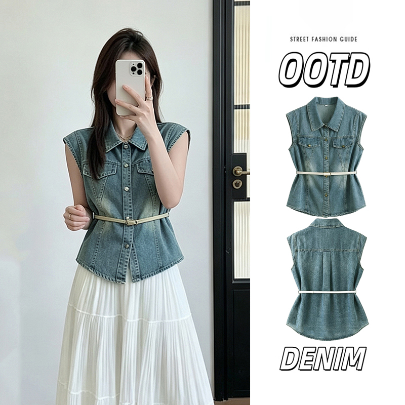 Sleeveless Top for Women, Summer Thin Style, Korean Retro Fashion, Waist-Cinching Tie, Slimming, Small Flutter Sleeves, Denim Vest Shirt Sleeveless Top for Women, Summer Thin Style, Korean Retro Fashion, Waist-Cinching Tie, Slimming, Small Flutter Sleeves, Denim Vest Shirt