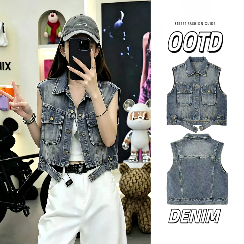 Sleeveless Lapel Biker-Style Workwear Denim Vest for Women, Summer Petite Fashion Short Vest Top