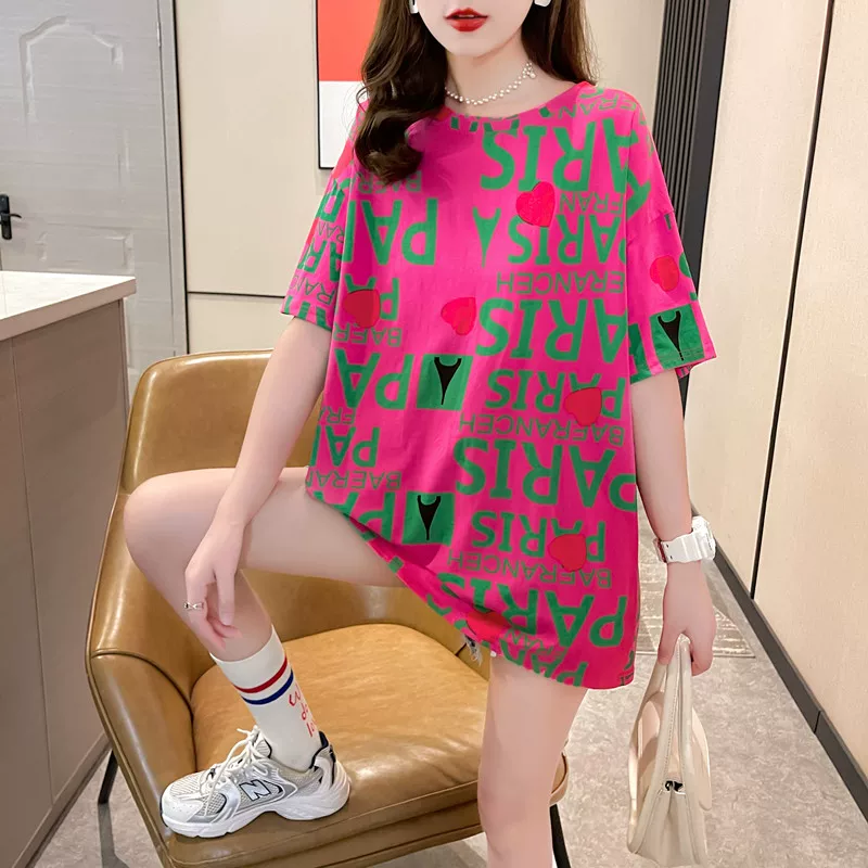 Летняя длинная футболка с рукавами 5/5, oversize, средняя длина