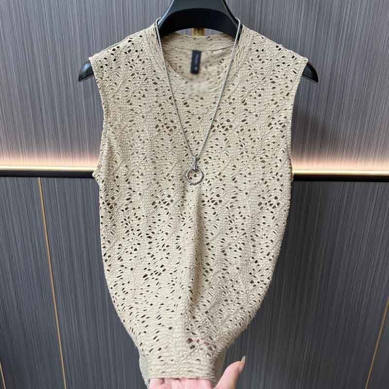 Summer New Korean Style Men's Hollow-Out Sleeveless Vest, Casual Trendy Cool Thin Breathable Sleeveless Shirt