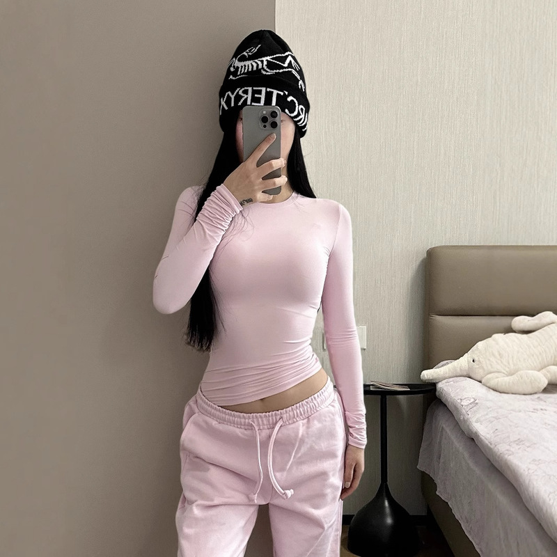 Galo｜Double-Layered Round Neck Long-Sleeve Milk Leather Style Nylon Super Stretchy Round Neck Slimming T-Shirt Base Layer Top