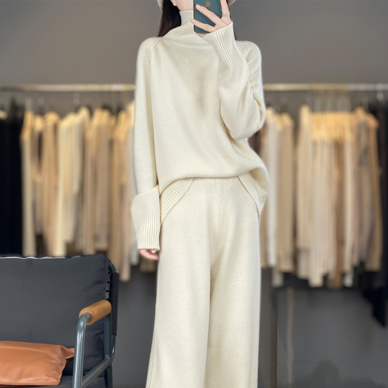 Autumn and Winter New Style Wool Sweater Set, Minimalist Style Turtleneck Sweater and Wide-Leg Pants Two-Piece Set, Loose Knit Set for Women