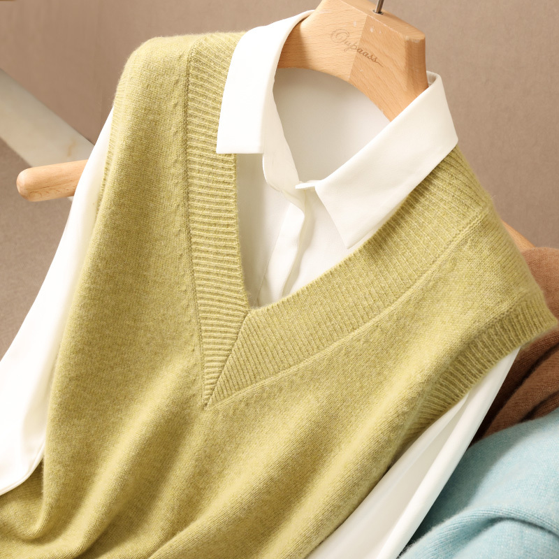 Autumn New Korean Style Knitted Cashmere Sweater for Women, V-Neck Pullover, Sleeveless Solid Color Vest Sweater, Pure Wool Sweater