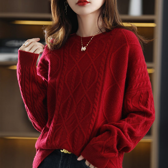 New autumn and winter cashmere sweater for women, round neck cable tie, loose thickened sweater, solid color pullover, pure woolen sweater
