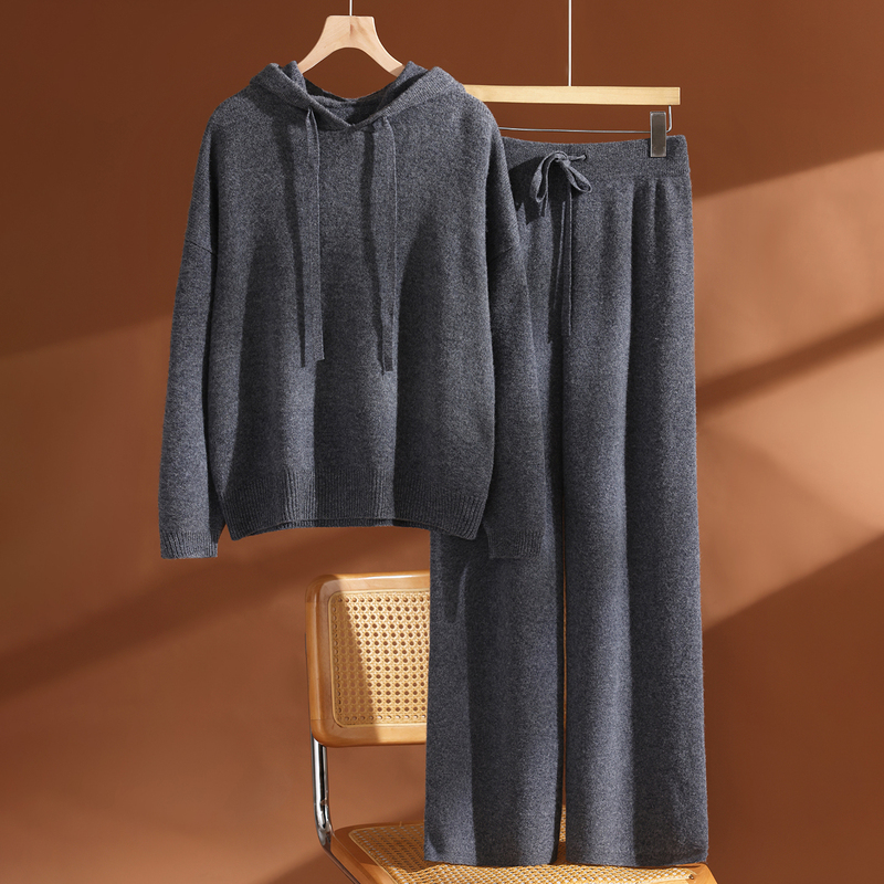 Lazy Style Hooded Knit Suit for Women, Autumn and Winter Thickened Sweater, Wide-Leg Pants, Casual Wool, Loose and Versatile Two-Piece Set