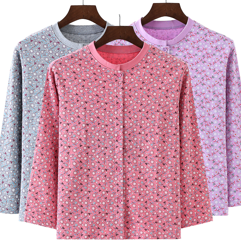 Elderly Women's Cardigan, Long-Sleeved Top, Pure Cotton, Grandma Style, Buttoned, Autumn and Winter, Mother's Warm Base Layer, Double-Breasted, Plus Size