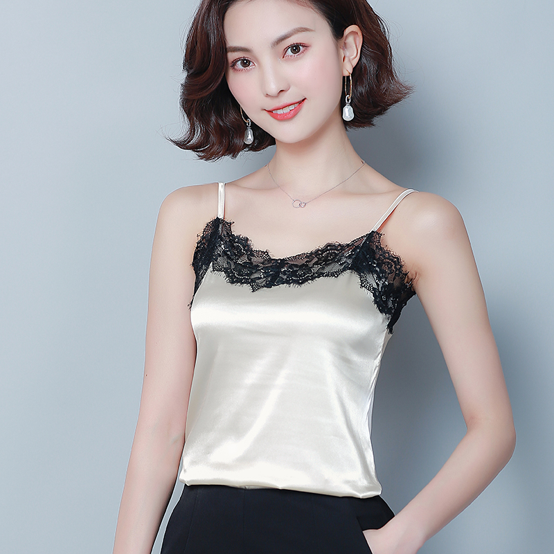 Bên sling phụ nữ vest đáy áo sexy ren mùa hè mặc inge lụa satin trăm đen đầu nhỏ