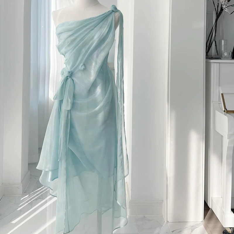 Hll Rose Accessible Luxury Beautiful Unique Hydrosol Shoulder Skirt High-End Elegant Chiffon Dress Women's Mid-Length