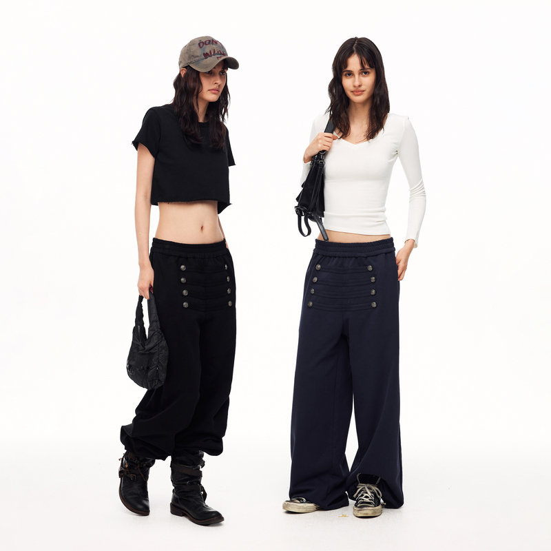 Madwitch Retro Palace-Style Wide-Leg Sweatpants with Multi-Row Buckle Waistband, Elastic Waist, Loose and Drapey, Unisex for Spring and Summer