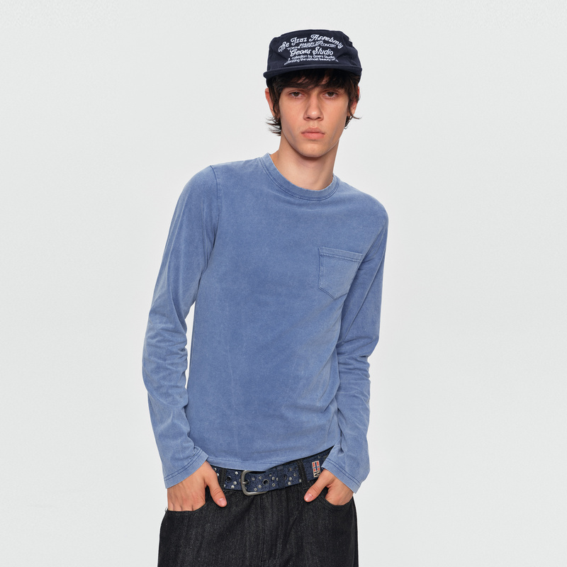 Madwitch Vintage Washed Long-Sleeve T-Shirt with Single Pocket, Loose Casual Versatile Spring and Autumn Base Shirt