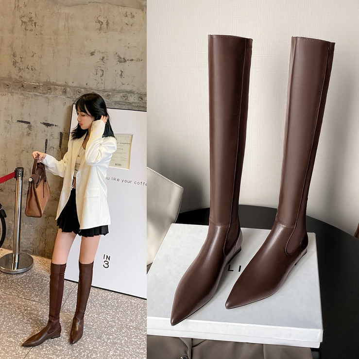 Pointed Female Boots 2021 Winter new dermis Knee Long Boots Fashion 100 Hitch High Cylinder Elastic Boots Flat Bottom Coffee Color