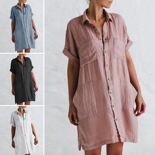 Foreign trade european and american new cotton and linen long mid-sleeve irregular pocket dress shirt skirt