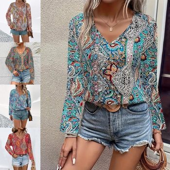 European and american new hot selling women's boho shirt paisley print collar long sleeve shirt for women