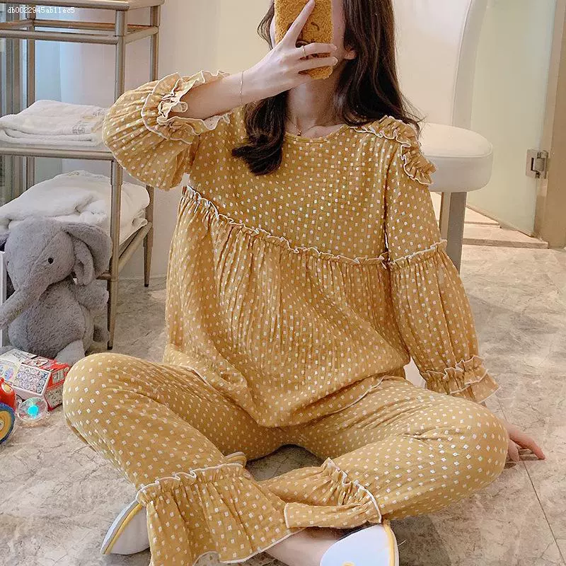 Quần áo giam giữ mùa xuân và mùa thu sau sinh đồ ngủ cotton tinh khiết cho phụ nữ mang thai, cho con bú mùa đông quần áo cho con bú, dịch vụ tại nhà gạc gạc thải - Giải trí mặc / Mum mặc