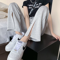 Open Fork Sports Pants Woman Summer High Waist Pituality 2022 Summer New Broadlegged Pants Straight Cylinder Spring Autumn Slim GREY PANTS